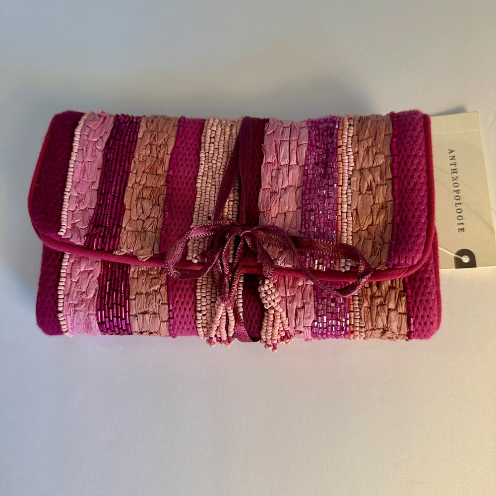 NWT Anthropologie Beaded Pink Travel Pouch